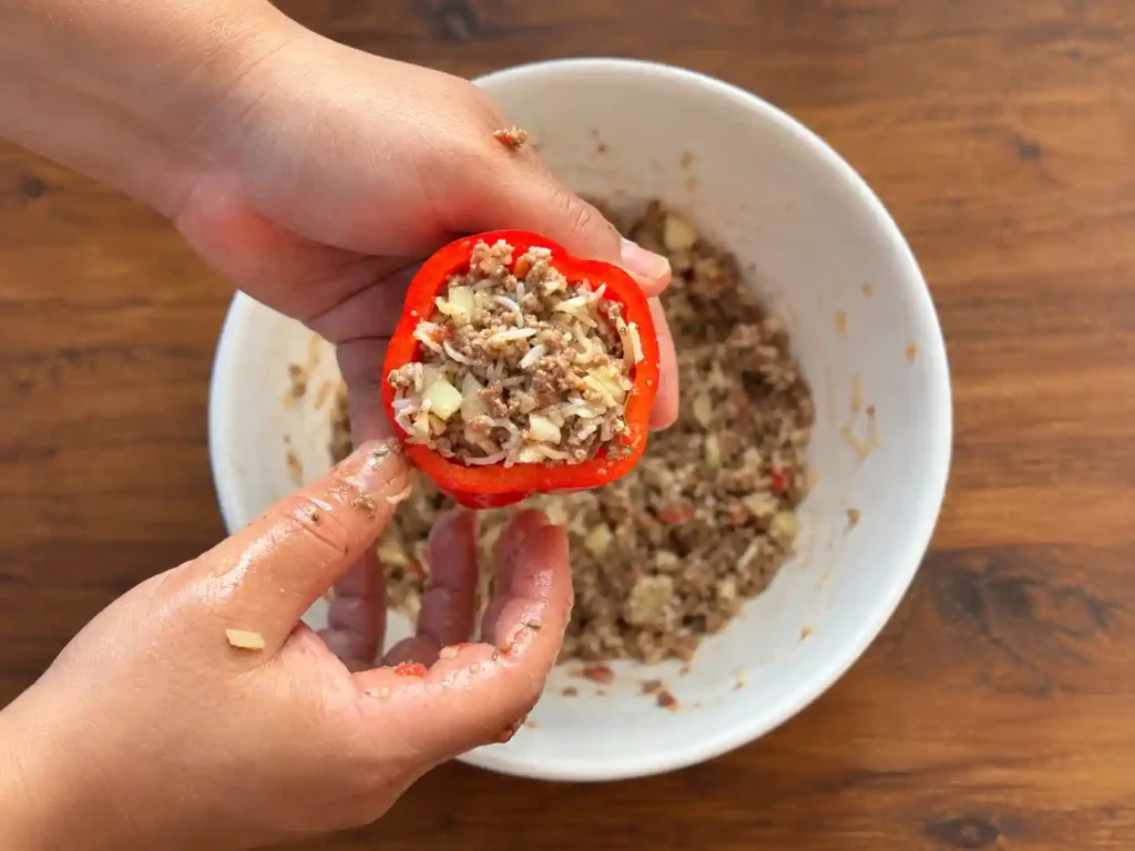 Air Fryer Stuffed Bell Peppers with Ground Beef