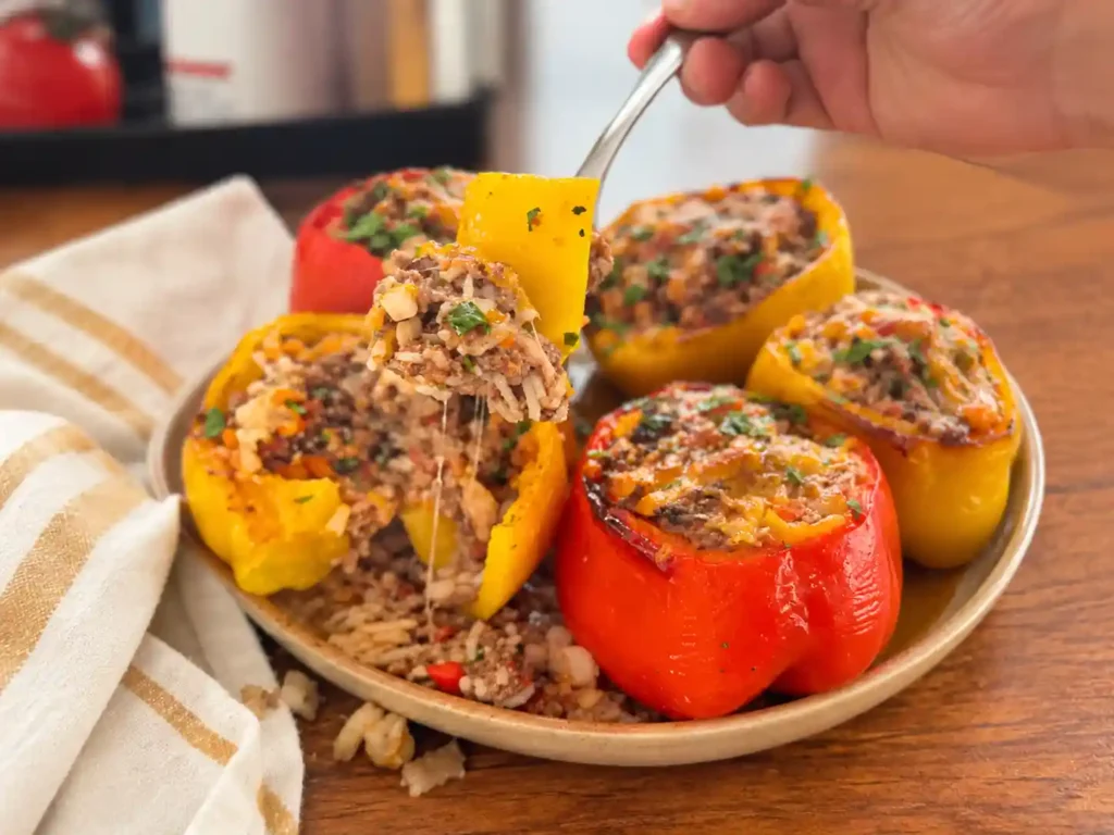 Air Fryer Stuffed Bell Peppers with Ground Beef